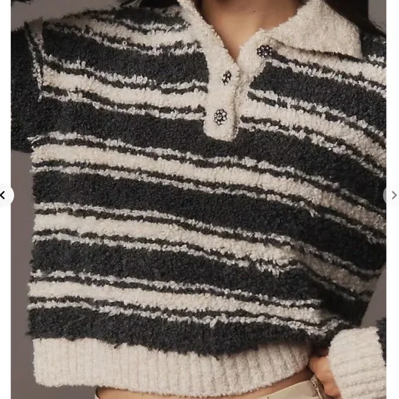 MAEVE by Anthropologie Striped Polo Sweater Grey/Cream Size Small
